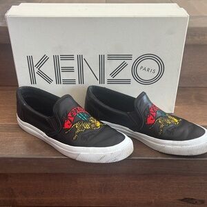 Kenzo Black Slip-Ons with Colorful Tiger Motif